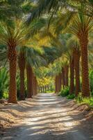 Palm trees line a dirt path. Sunlight shines on the leaves. Shadows form stripes on the ground. Nature background with green plants. photo