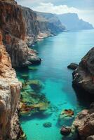 Ocean view from cliffs. Clear blue sea water with rocks. Coastal landscape with mountains and sky. Nature scene of a calm bay. photo