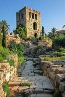 Stone tower stands above ancient ruins. Old path leads to the tall building. Palm trees behind tower under blue sky. Stone steps in front. photo