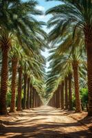 Palm tree row. Tall trees line a dirt path. Green leaves meet in the sky. Tropical nature background. photo