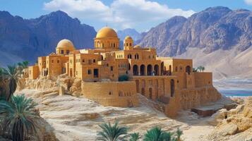 Desert Stone Building, Mountains, Palms. Ancient architecture in sand dunes. Arid landscape, domes, arches, towers. Travel destination. Panorama of old structure on hill. photo