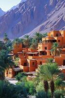 Desert village scenery. Simple earth buildings surround palm trees. Mountains rise in background. Warm sunshine illuminates the arid landscape. photo