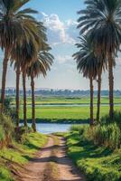 Palm trees line dirt road to fields and water. Lush green landscape with sky. Nature scene. Quiet scenic view. photo