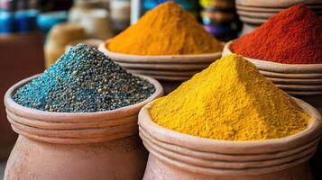 Colorful spices in bowls. Many different ground herbs and powders in brown containers. Red yellow blue powder in pots. photo