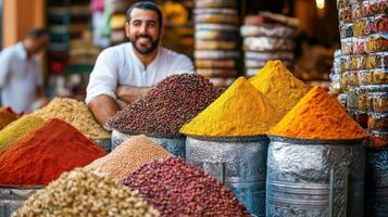 Market stall with spices. Vendor showing different colorful piles of seasoning. Variety of dry goods on sale. Authentic food ingredient choices. photo