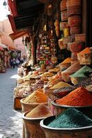 Spice Market View. Colorful Spices in Bowls. Herbs and Seasoning Display. Shop With Many Different Colors. Retail Offer From Traditional Local Store. photo