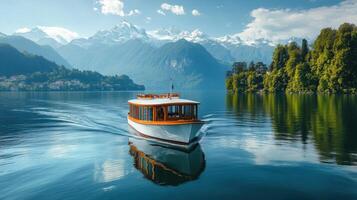Boat sails on blue lake water. Mountains and forest in the background. Reflection on the surface. Beautiful travel vacation destination. photo