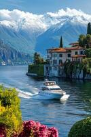 Lake view with mountains. Boat sailing on the water near buildings. Scenic landscape with snow and green trees. photo