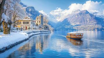 Lake view with boat moving. Snowy mountain in winter scene. Beautiful landscape with water and sky. House near water covered with snow. photo