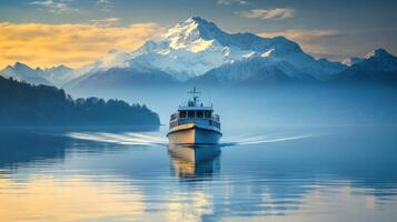 Boat on lake. Mountain background. Water reflection. Calm scene. Beautiful scenery. Snowy peak. Light sky. Peaceful view. Blue water. Ship moving forward. photo