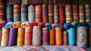 Colorful rug rolls stack on floor. Carpets show bright texture and geometric pattern. Woven fabric is rolled and displayed for sale. photo