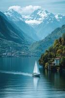 Sailboat sailing on peaceful lake water. Mountains and forest visible. Calm water with sunshine. Scenic landscape. Summer nature scene with sail boat ride. photo