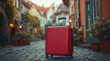 Red suitcase sits on old town street. Cobblestone road, travel, vacation. Luggage, bag, tourism. Suitcase waiting. Red baggage on road. photo