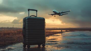 Suitcase sits on airport runway. Plane flies in background. Sky is cloudy with sun. Travel awaits. photo