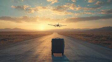 Suitcase on runway. Plane lands in distance. Sky with clouds. Road leads to airplane. Travel concept at sunset. photo