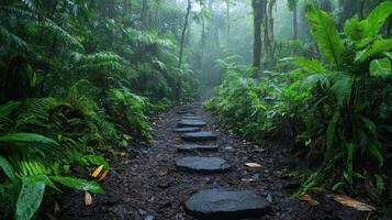 Jungle trail with green plants. Stone steps on a path in a dense, natural and humid forest. Light fog in the distance in wild nature. photo