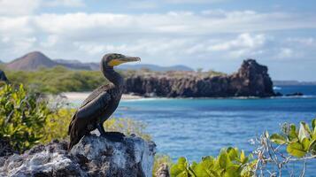 Dark bird stands on rock. Water and island background. Tropical landscape. Cormorant rests. Sea and mountain view. Bird on a cliff. Natural wildlife. photo