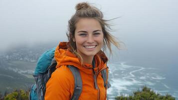 Woman with backpack smiles. Outdoors scenery. Hiker on top of mountain with sea view. Girl wears orange jacket. Happy expression. photo