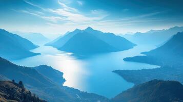 Blue Mountain Range. Lake Between Hills. Sky View. Mountain Valley. Mountain Landscape. Water Reflection. Nature Background. Calm Lake. photo