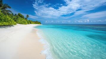 Tropical beach view. White sand and clear turquoise ocean water meets green trees under a blue sunny sky with white clouds. Summer paradise. photo