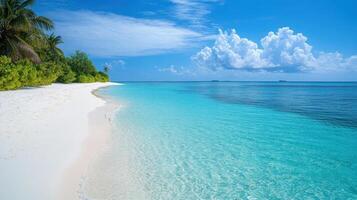 Tropical beach paradise. White sand meets clear turquoise ocean water. Blue sky and fluffy clouds on a sunny day. Coastal scene with trees. photo