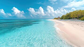 White sand beach with blue water and sky. Quiet ocean view. Bright day. Lush green trees. Peaceful tropical getaway. Relaxing travel destination. photo