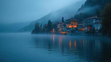 Lake town view. Buildings with lights glow in mist. Water reflects village. Calm landscape scene. Fog hangs over mountain. photo