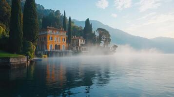 Lake house view. Villa near calm water. Scenic trees. Fog on the lake. Mountains in background. Tranquil scene. Peaceful lake landscape. Nature view. photo