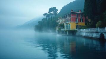 Lake view. Colorful building stands near calm water. Mist rolling in on a foggy morning. Trees line mountains in the background. photo