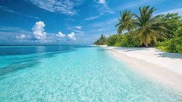 Tropical beach with blue water and palms. Paradise island with white sand. Summer vacation scenery on exotic destination. Ocean view on sunny day. photo