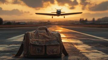 Travel bag on runway. Airplane flies at sunset. Golden hour light. Holiday travel adventure begins. Explore and discover nature. Journey and destination. photo