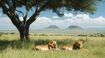 Two lions resting in grass. Large tree with open sky. African plain with hills in distance. Sunny day in nature. photo