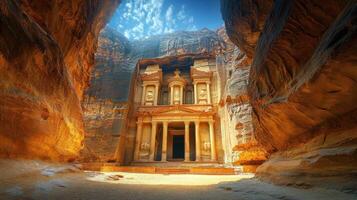 Petra Jordan Stone building in canyon. Carved rock architecture. Ancient facade among cliffs. Sandstone landmark. Old structure near mountains. Travel background. Desert environment. photo