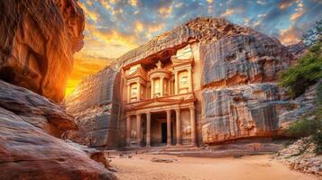 Petra Jordan Ancient Building in Rocks. Sand path leads to a majestic building carved into rock, under bright sky during the day. photo
