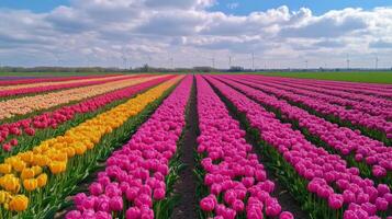 Tulip field blooms. Rows of colorful tulips. Flowers grow in springtime. Wind turbines in the distance. Beautiful sky and clouds above the vibrant flower field. photo