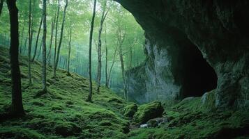 Forest and cave. Green nature scene. Landscape with trees and moss. Rock formation with natural light. Peaceful outdoor scenery. Trees lead to cave. photo