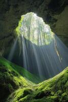 Cave with opening. Sunlight enters inside. Green moss covers the walls. Water falls inside. Trees are visible through the opening. Light beams are shining down. photo