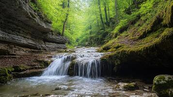 Forest landscape with flowing water. Small waterfall in a green forest with moss. Beautiful nature background with a river in rocks. photo