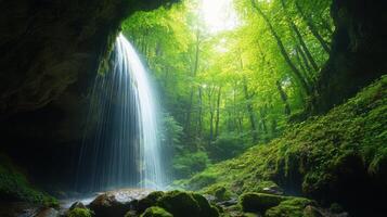 Cave waterfall flows in bright forest. Green trees surround water. Mossy rocks and cave. Peaceful nature landscape. Water cascade in natural place. photo
