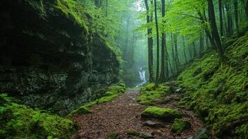 Green forest trail. Path through trees. Natural woods landscape. Waterfall in background. Mossy rocks and plants. Peaceful scene. Summer nature scenery. photo