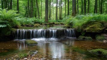 Forest stream flows. Green trees grow tall. Water is clear. Rocks are wet. Plants are vibrant. Nature is serene. Peace is found. photo
