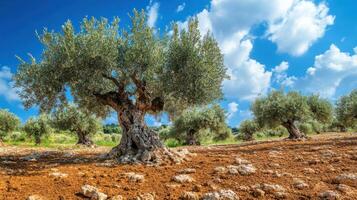 Olive trees grow in field. Green leaves and branches against blue sky with clouds. Scenic landscape with agriculture and nature. photo