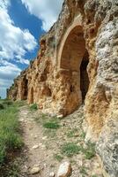 Ancient stone wall. Old arch and doorway. Rocky texture with sky. Grass growing near ruins. Walking path along wall. photo