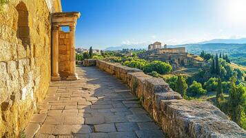 Ancient ruins view. Old stone building with pillars overlooks distant valley landscape. Travel scene. Summer blue sky. Green trees. Mountain background. photo