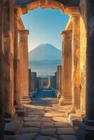 Ancient ruins and stone path leading to mountain. Light shines on old columns in sunny day. Scenic old passage toward volcano. photo