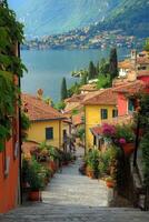 Lake View Town. Colorful Buildings and Flowers Line Stone Path. Beautiful Water and Mountain in the Background. Peaceful Scene. photo