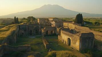 Old Ruins Landscape. Ancient stone building remains. Sunny day. Hill in background. Tourism destination. photo