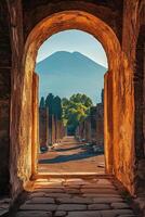 Old stone archway frames path and mountain. Ancient ruins. Landscape view. Travel scene. Outdoor architecture with aged textures. Bright sunlight and shadows. photo