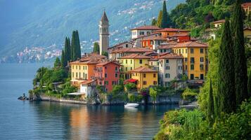 Village houses near lake. Colorful homes in the mountains. Tower overlooking water. Trees around the coast. Classic European style architecture. Landscape view of nature. photo