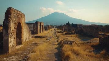 Old ruins landscape. Ancient city architecture. Historic stone building remains. Mountain in background. Open sky. Travel. Adventure. photo